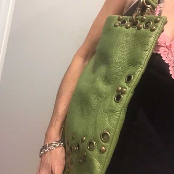 Hobo leather bag, green, tote, brass accents - Picture 8 of 8